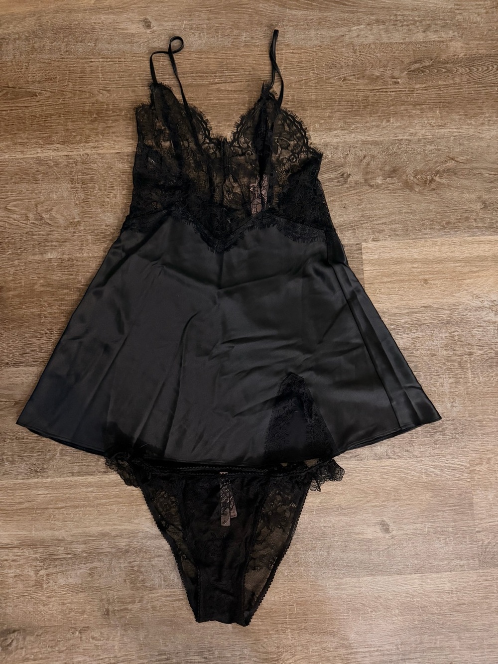 Victoria's Secret Black Satin & Lace Chemise Set